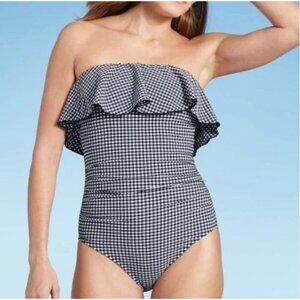 NEW Kona Sol Navy Blue Gingham Flounce High Coverage One-Piece Swimsuit Size XL